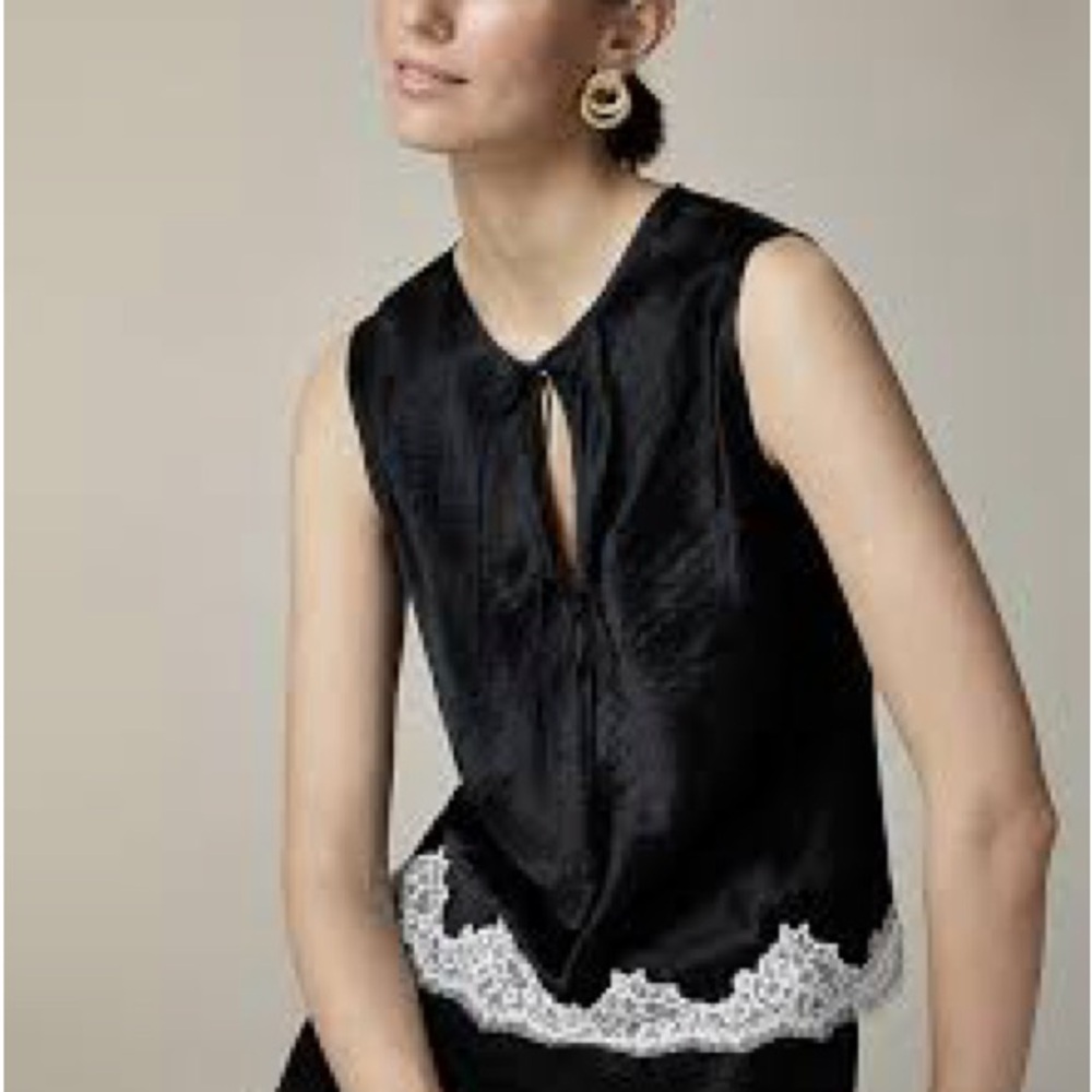 J. Crew Black Sleeveless Satin Tank with White Lace Trim